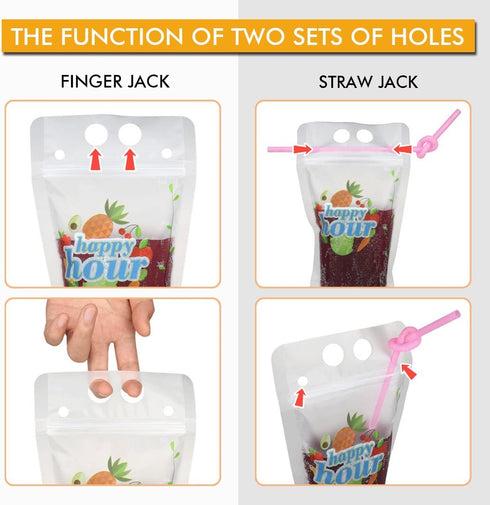 120 Pcs Zipper Plastic Pouches Drink Bags, Heavy Duty Hand-Held Translucent Frosted Reclosable Stand-up Bag 2.4" Bottom Gusset with 120 pcs Straws & Funnel Included