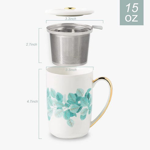 SLixuhay Porcelain Tea Infuser Mug with Lid,15oz Ceramic Tea Cup Travel Mug for Birthday Holiday Mother's Day Father's Day Gifts