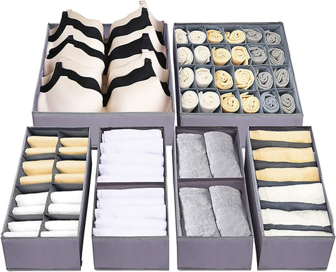 Dresser Drawer Underwear Organizer - Large Drawer Organizer Closet Divider Washable Clothes Bra Sock Tie Foldable Storage Box Drawer Polyester Fabric Baby Cloth Panties Belts Set of 6,Light Gray