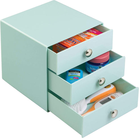 iDesign 3-Drawer Plastic Vanity Organizer, Compact Storage Organization Set for Dental Supplies, Hair Care, Bathroom, Office, Dorm, Desk, Countertop, Office, 6.5" x 6.5" x 6.5", Mint Green