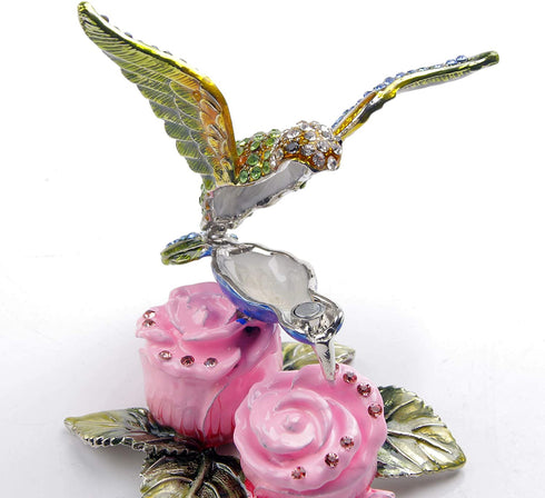 Hummingbird Figurine Hinged Trinket Box Decorative Jewelry Boxes for Ring - Hummingbird on Pink Flowers Figurine Collectibles