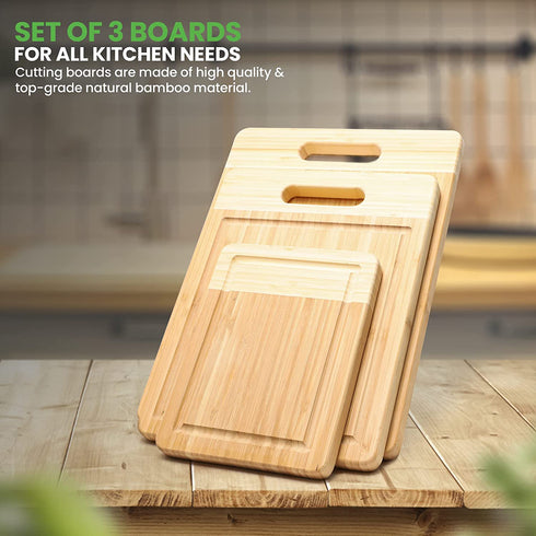 K BASIX Bamboo Cutting Board with Juice Groove 3 Pcs, Organic Wood Cutting Board for Kitchen, Chopping Board for Meat Cutting Board , Wooden Cutting Board for Veggies