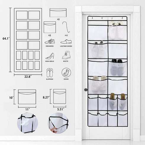 Armindou Extra Large Pockets Hanging Over The Door Shoe Organizer 2 Pack Closet Shoe Organizer With 8 Extra Large Mesh Storage Pockets for Bedroom Door Apartment Storage (White, 64.1X22.8 )