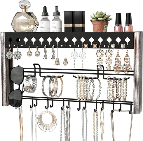 JackCubeDesign Rustic Wood Wall Mount Jewelry Organizer with Metal Hooks for Necklaces, Ring, Earrings (Rustic White) - MK460B