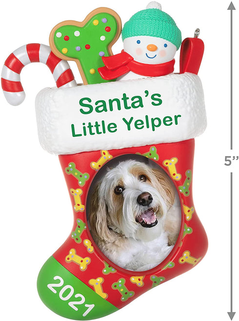 Hallmark Keepsake Christmas Ornament, Year Dated 2021, Santa's Little Yelper Dog Stocking Photo Frame