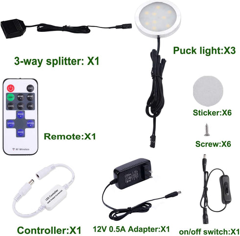Dimmable LED Under Cabinet Puck Lights AIBOO 3 Lamps Kit with RF Remote Control for Home Kitchen Counter Lighting (Daylight White 6000K)