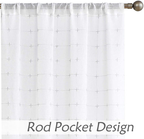 Central Park White Semi Sheer Curtain Gray GEO Cross Embroidery Panels Linen Texture Rod Pocket Window Treatment Drape Sets for Living and Bedroom Farmhouse 84 inches Long, 2 Panels, White