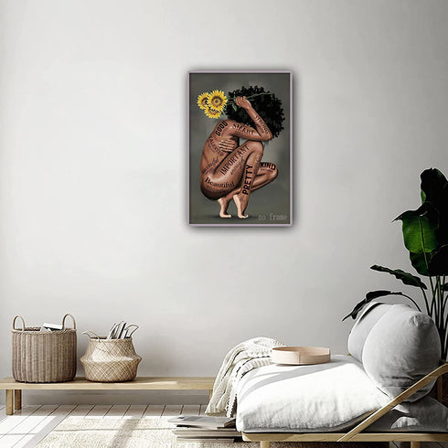Black Women Poster African American Wall Decor Black Queen Canvas Prints Black Women Portrait Wall Art Abstract Sunflower Canvas Printing Giclee Print Unframed for Office Bedroom Decorations 16X24 in