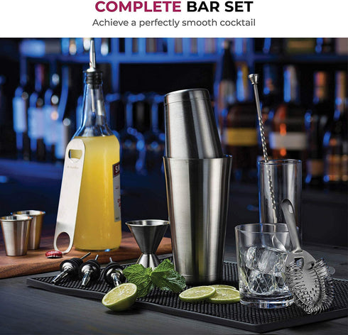 FineDine 14-Piece Cocktail Shaker Set Bartender Kit - Boston Shaker w/ Strainer, Bar Jigger, Bar Spoon & More - Full Stainless Steel Cocktail Set w/ Bar Tools - Drink Mixer Bar Set - Bar Accessories
