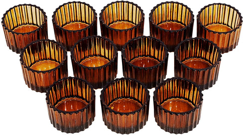 Amber Tealight Candle Holder Set of 12, 2'' x 1.4'' Glass Brown Small Votive Candle Holders Home Decoration, Clear Tealight Candles Holder for Table Centerpieces and Wedding Decor