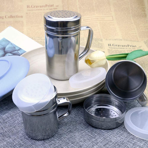 LeonBach 3 Pack Stainless Steel Seasoning Shaker Bottles with Handles and Lids, Spice Shaker Powder Sugar Shaker Popcorn Salt Shaker, 3 Sizes