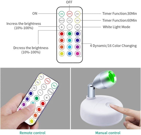 Wireless Spotlight Battery Operated Accent Lights with Remote, LED RGB+W Puck Lights Portable Little Spot Light Angle Adjustable with Dimmer & Timer for Artwork Painting Statue
