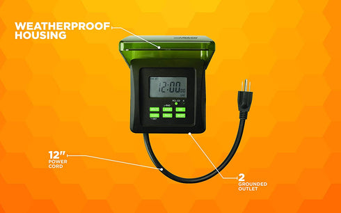 Woods 50015WD Outdoor 7-Day Heavy Duty Digital Plug-in Timer, 2 Grounded Outlets, Weatherproof, Perfect for Automating Holiday/Christmas Lights, 3/4 Horse Power, Energy Saving Precision Programming, Black & Green