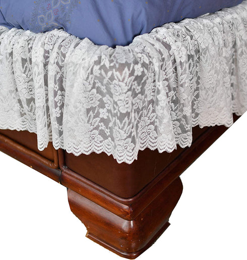 Home-X - White Lace Scalloped Elastic Bed Wrap Around, Easy Fit, Dust Ruffle Bed Skirt | Queen/King