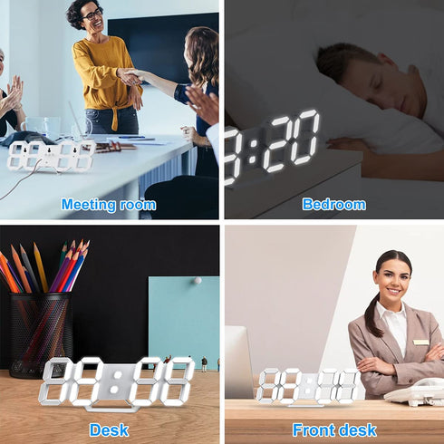 3D LED Digital Wall Clock Large Night Light Alarm Clock Snooze for Office Bedroom Living Room 12/24 Time/Date/Temperature Display Brightness Adjustable White 9.7 inch with Remote Control