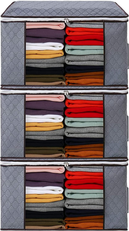 Clothes Storage Bags, 90L Large Capacity Foldable Organizer for Blanket, Bedding, Comforter, 3 Pack Organization with Reinforced Handle and Zippers for Closet and Underbed Storage Bag (Light grey)