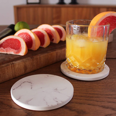 BARVIVO Marble Look Ceramic Coasters for Drinks Absorbent with Holder Set of 6 - Absorbing Condensation Immediately - Ideal Drink Coasters for Wooden Table Protection with Scratch Preventing Cork Base