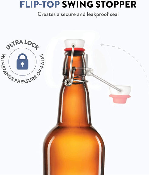 Amber Glass Swing Top Beer Bottles - 16-Ounce (6-Pack) Grolsch Bottles, with Flip-Top Airtight Lid, for Carbonated Drinks, Kombucha, 2nd Fermentation, Water Kefir, UV-Protection Brewing Bottle.