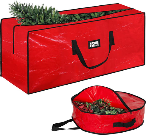Christmas Tree Storage Bag Wreath Container - Heavy Duty Jumbo Large Waterproof Fits Up to 9ft Artificial Trees and Xmas Decorations Organizer with Reinforced Long Handles (Red)