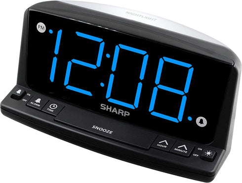 SHARP LED Digital Alarm Clock – Simple Operation - Easy to See Large Numbers, Built in Night Light, Loud Beep Alarm with Snooze, Bright Big Blue Digit Display