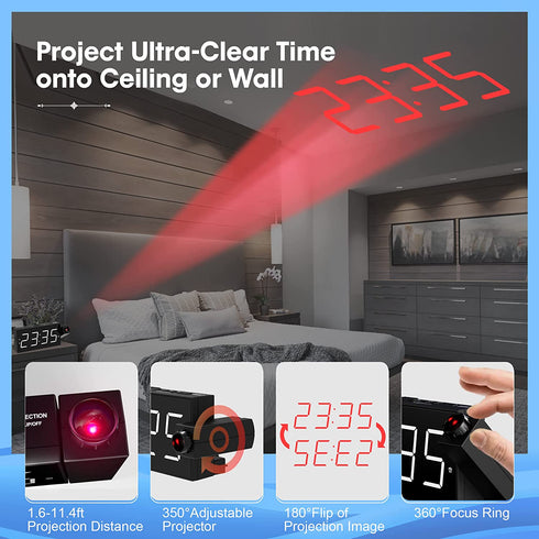 Projection Alarm Clock for Kids Bedroom,Digital Alarm Clock with Projection on Ceiling Wall,Dual Loud Alarm Clock for Heavy Sleeper,USB Port,Easy to Use,Snooze,Dimmer,Battery Backup,Plug-in,12/24H DST