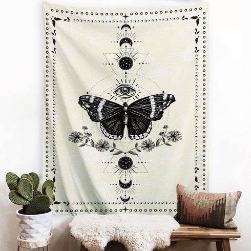 MENORCA Moon Phase Butterfly Wall Tapestry Hanging For Bedroom Aesthetic, Vertical Beige Vintage Tapestry-60 Inch Wide * 80 Inch High