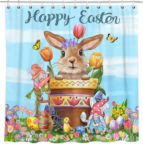 Easter Shower Curtain, Happy Easter Bunny Shower Curtains for Bathroom, Easter Eggs with Tulip Flowers and Gnomes Holiday Cloth Shower Curtain in Bath with 12 Rings, Spring Home Decorations 72x72