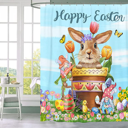 Easter Shower Curtain, Happy Easter Bunny Shower Curtains for Bathroom, Easter Eggs with Tulip Flowers and Gnomes Holiday Cloth Shower Curtain in Bath with 12 Rings, Spring Home Decorations 72x72