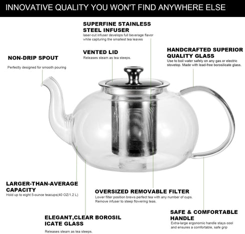 Glass Teapot Kettle, OAMCEG 40 OZ / 1.2 L Teapot with Removable Infuser & Lid & Handle, Glass Tea Kettle Stovetop Safe, Great For Loose Leaf Tea, Blooming Tea, Tea Bags & Fruit Infused Water