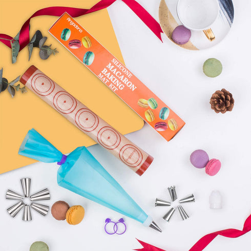 Macaron Baking Kit Silicone Mat - (23pcs set) 2 Half Sheet Macaron Silicone Mat,12 Piping Tip,2 Piping Bag with 4 Bag Tie,2 coupler,1 Puff Nozzle Tip (11.6"x16.5") (Blue)