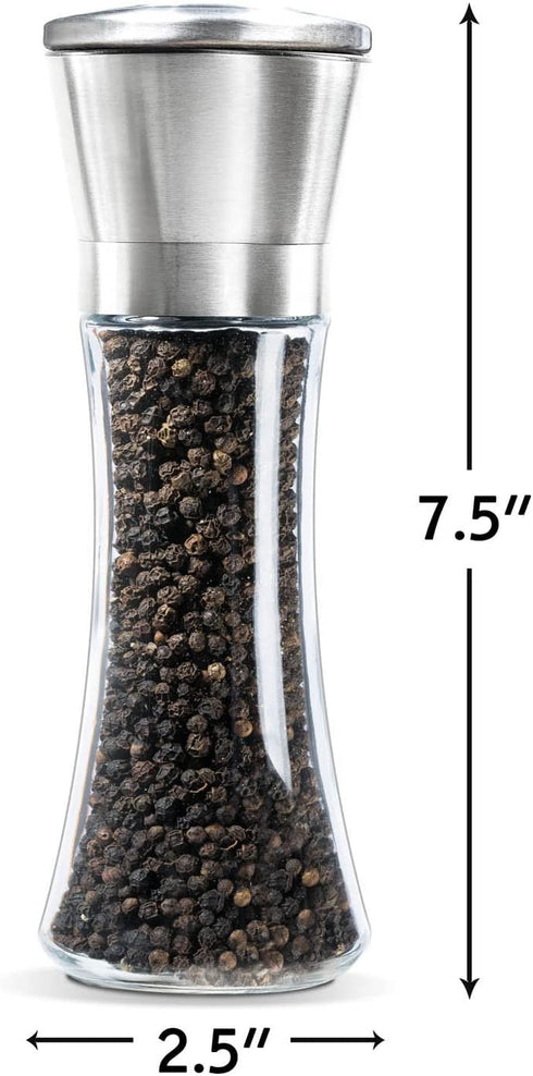 Levav Premium Salt and Pepper Grinder Set of 2- Brushed Stainless Stell Pepper Mill and Salt Mil, Glass Body, Size Grade adjustable ceramic rotor-salt and pepper shakers (tall)