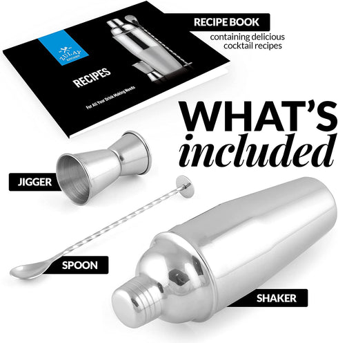Large 24 oz Stainless Steel Cocktail Shaker Set - Mixed Drink Shaker - Martini Shaker Set With Built In Strainer, Double Sided Jigger & Combo Muddler Mixing Spoon - Pro Margarita Shaker - By Zulay