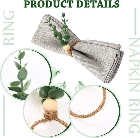 6 Pieces Eucalyptus Napkin Rings Handmade Wooden Beads Rustic Farmhouse Napkin Rings Set of 6 Home Decor Faux Greenery Napkin Holders for Weddings Family Gatherings Party