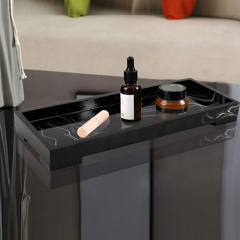 Jolitac Vanity Tray for Bathroom, Resin Bathtub Tray Countertop Tray Marble Pattern Black Trays, Cosmetics Holder Vanity Organizer for Shampoo, Soap (Black, Small)