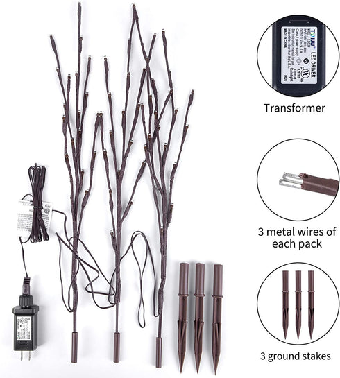3 Pack Lighted Branches for Vases Plug in - Christmas DIY Twig Pathway Lights with 60 LED Bulbs, Artificial Tree Bendable Xmas Fairy Lights with Stakes for Outdoor Indoor Party Decoration, Pure White