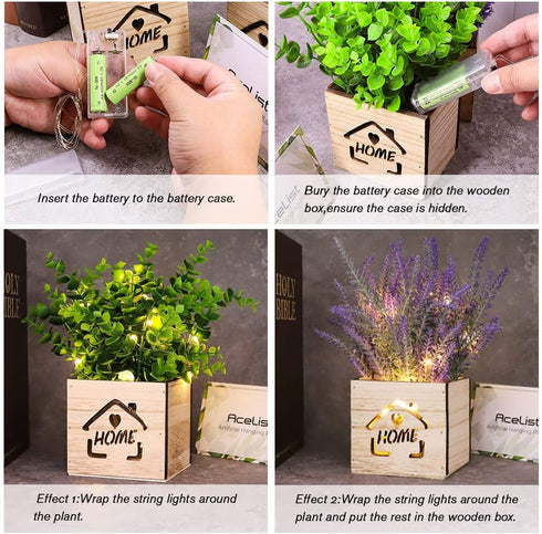 AceList 2 Pcs Decorative Fake Flowers with Led Lights in Wooden Box, Artificial Sunflowers Pot, Artificial Sunflower with Vase for Home Office Desk Kitchen Decoration, Valentine's Day/Mother's Day