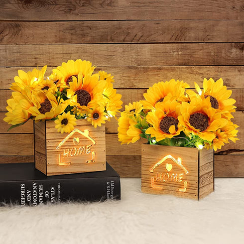 AceList 2 Pcs Decorative Fake Flowers with Led Lights in Wooden Box, Artificial Sunflowers Pot, Artificial Sunflower with Vase for Home Office Desk Kitchen Decoration, Valentine's Day/Mother's Day