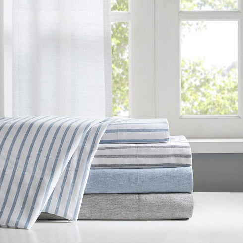 Madison Park Essentials Chambray Printed ultra soft 4 piece sheet set, Grey Stripe, Full