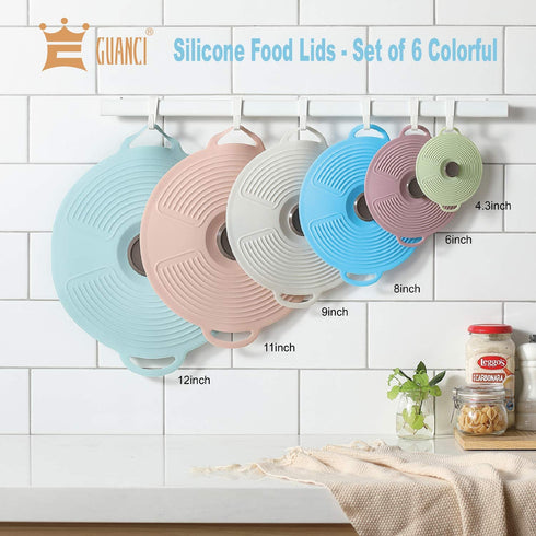 Silicone Lids, GUANCI Set of 6 Reusable Silicone Bowl Lids Reusable Suction Lids Microwave Covers Food Storage Cover Food-grade grip fits Cups, Bowls, Plates, Pots, Fridge Dishwasher Safe