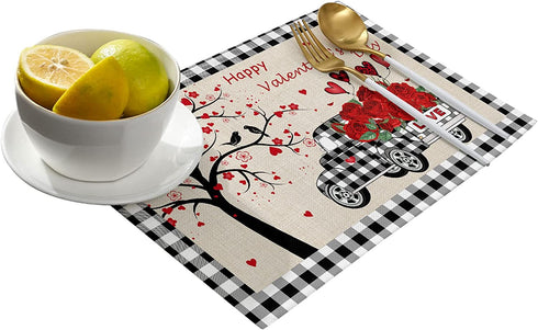 ZEREAA Valentines Day Placemats Set of 4, Plaid Hem Love Tree with Rose Truck Heat Resistant Washable Farmhouse Place Mats for Dining Table Kitchen Decor