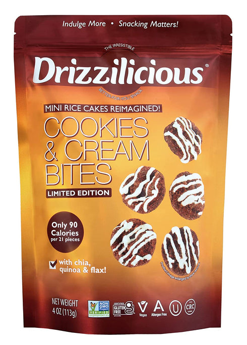 Drizzilicious Cookies & Cream 4oz Single Pack | Mini Snack Chocolatey Rice Cakes | Vegan Air Popped Chia, Quinoa, Flax Snack