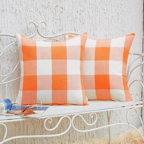 Anickal Set of 2 Orange and White Buffalo Check Plaid Pillow Covers Farmhouse Rustic Decorative Square Throw Pillow Covers Cushion Case 22x22 Inch for Home Sofa Couch Decor