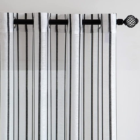 MIULEE Bedroom White Sheer Curtains Striped Linen Textured Window Treatment Drapes Grommet Top for Living Room, W52 x L63 Black Stripe 2 Panels