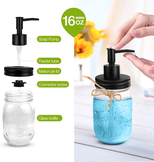 4pcs Rustic Mason Jar Bathroom Accessories Set- Liquid Soap Pump Dispenser and 2 Small Apothecary Storage Glass Jars&Toothbrush Stand Holder for Bathroom, Farmhouse Home Decor, Kitchen Sink (Black)