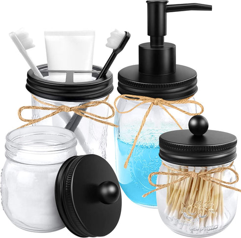 4pcs Rustic Mason Jar Bathroom Accessories Set- Liquid Soap Pump Dispenser and 2 Small Apothecary Storage Glass Jars&Toothbrush Stand Holder for Bathroom, Farmhouse Home Decor, Kitchen Sink (Black)