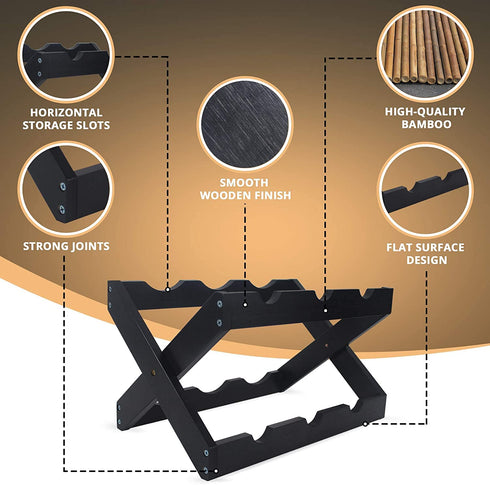 Hivory Wine Rack ~Counter top Wine Racks~ Foldable Wooden Wine Rack ~ Space Saver Wine Bottle Holder ~ Elegant Wine Holder for Kitchen, Bar, Cabinets ~ Holds 6 Bottles (Black, 1)