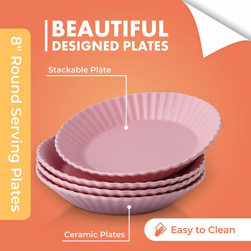 Bruntmor Set of 4 Elegant Matte 8" Round Ceramic Restaurant Serving Inner Fluted Dessert Salad Plates, Pink