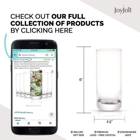 JoyJolt Faye Highball Glasses Set of 6 Tall Drinking Glasses. 13oz Cocktail Glass Set. Lead-Free Crystal Glassware. Bourbon or Whiskey Glass Cup, Bar, Iced Tea, Water, Mojito and Tom Collins Glasses