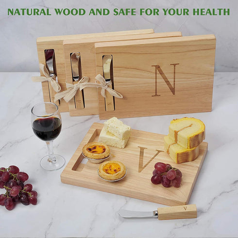 Monogram Oak Wood Cheese Board With Spreader,V-Initial (V)
