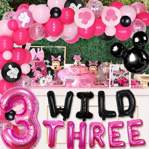Cartoon Mouse 3rd Birthday Decorations Party Supplies for 3 Years Old Girls Balloon Garland Arch Kit with Wild Three Cartoon Mouse Theme Number 3 Balloon